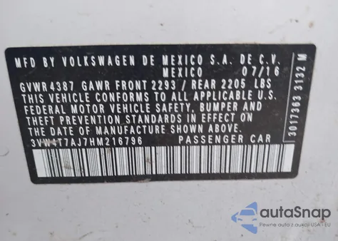 2017 Volkswagen Jetta Gli from USA, damaged, VIN 3VW4T7AJ7HM216796